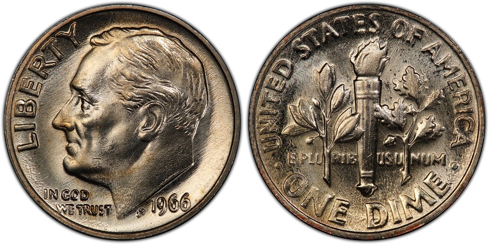 1966 Roosevelt dime obverse and reverse showing copper-nickel clad coin with no mint mark