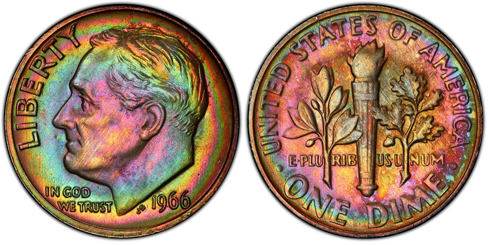 1966 Roosevelt dime grading strip showing four condition tiers from heavily worn to gem uncirculated