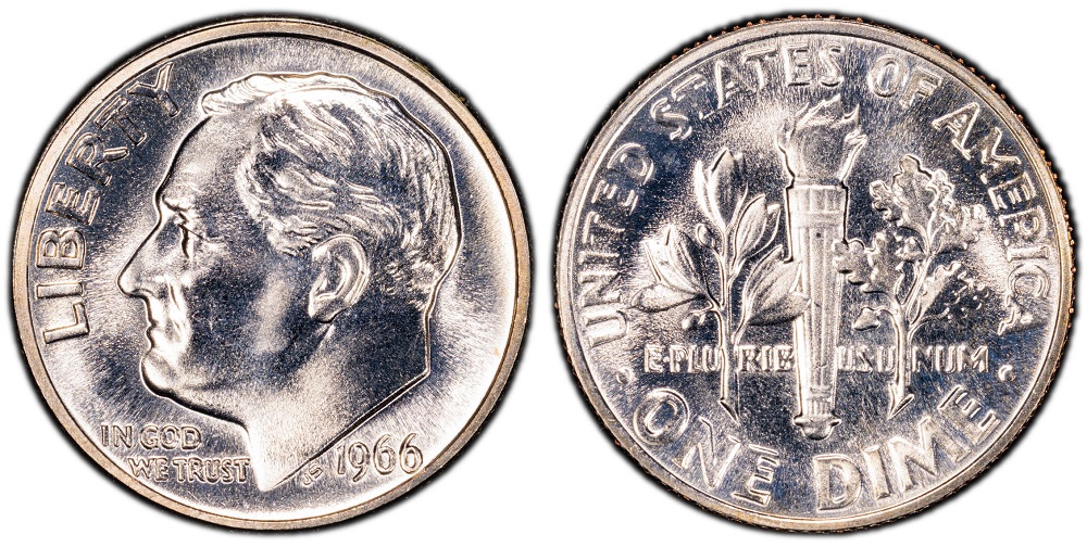 Side-by-side comparison of normal 1966 SMS dime versus FS-401 '5 on Cheek' variety showing the lint impression on Roosevelt's cheek