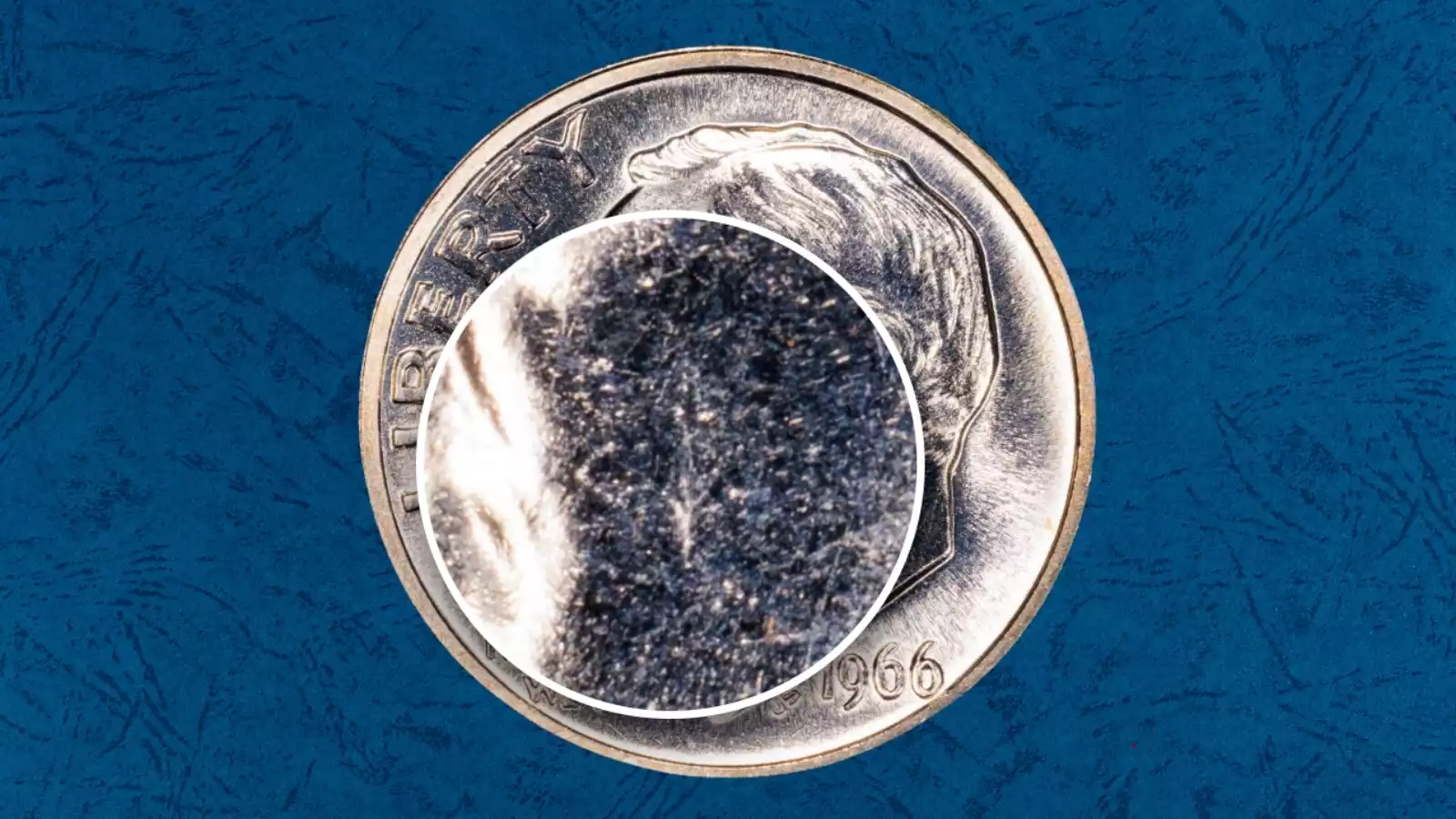1966 SMS dime FS-401 '5 on Cheek' variety showing raised numeral 5 lint impression on Roosevelt's cheek