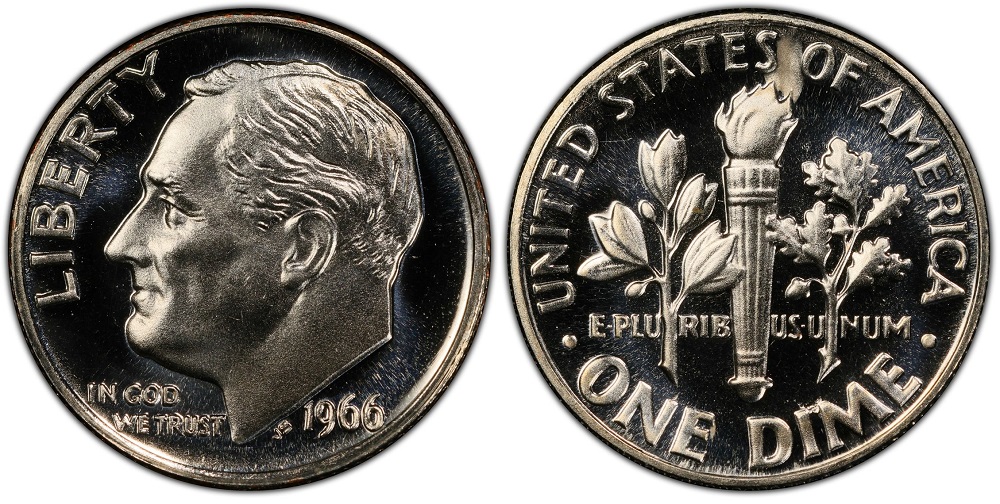 1966 SMS Deep Cameo Roosevelt dime showing dramatic frosted design against mirror-like fields