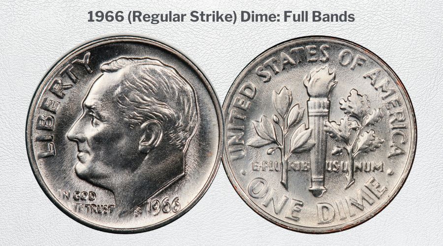 1966 Roosevelt dime reverse showing Full Bands designation with clearly separated horizontal torch bands