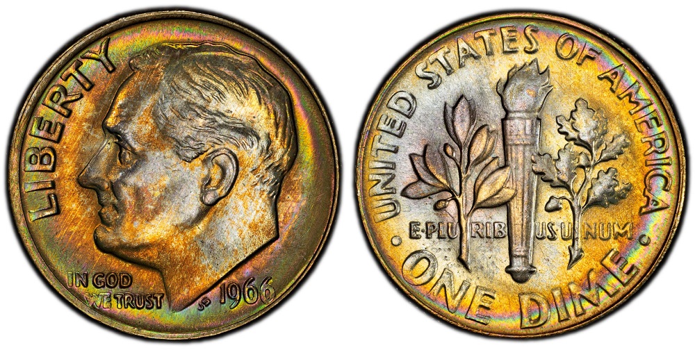 Group of 1966 Roosevelt dimes in various grades from worn to gem uncirculated showing the range of the issue
